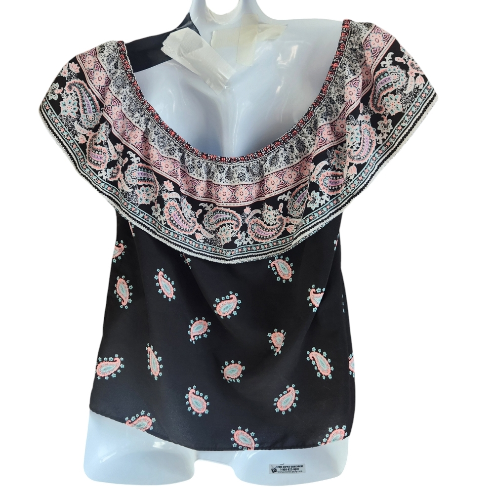 C Romantic Peasant Blouse Loose Flowy Paisly Print Ruffled Trim Bohemian/Folk L - Picture 14 of 14